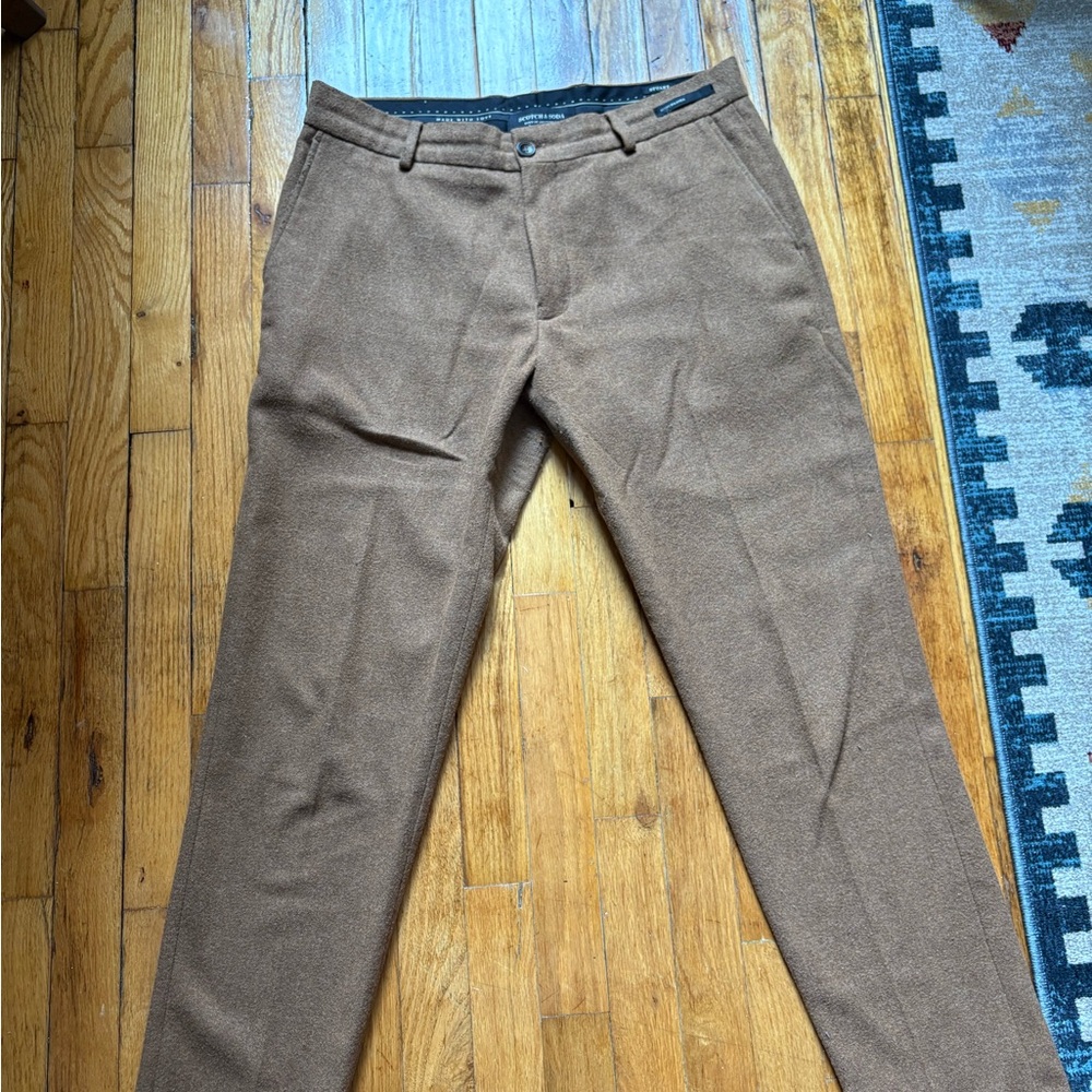 Scotch & Soda Wool-Blend Flannel Trousers – 32x32, Camel Brown